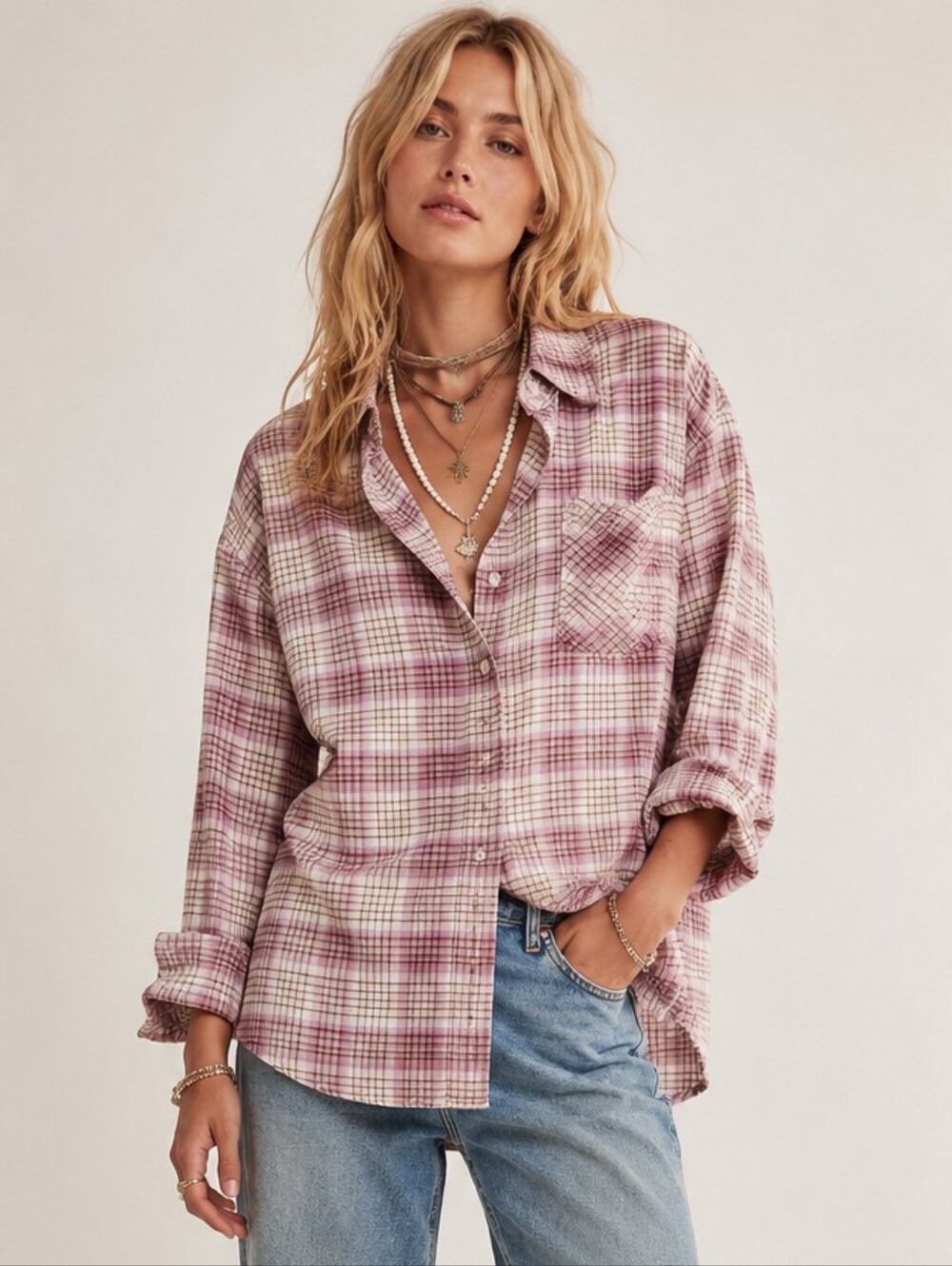 TREASURE & BOND PINK CREAM PLAID FLANNEL BOYFRIEND SHIRT XL ULTRA SOFT OVERSIZED